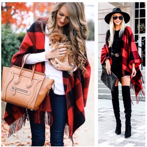 Buffalo Check Poncho Fringe Ruana - Picture 5 of 9